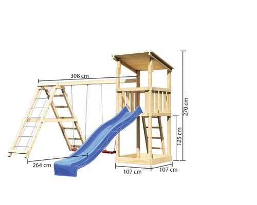 Spielturm aus Holz mit Schaukel und Rutsche