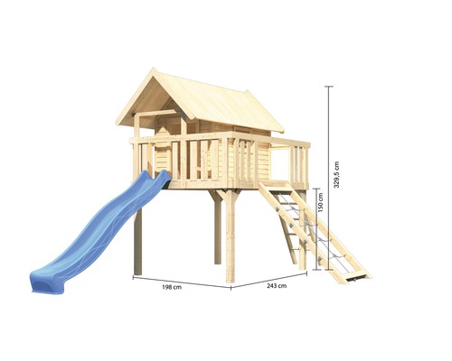 Spielhaus aus Holz mit Rutsche und Leiter mit den Maßen 198 cm x 243 cm x 329,5 cm