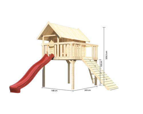 Spielhaus aus Holz mit Rutsche und Leiter, mit Maßangaben