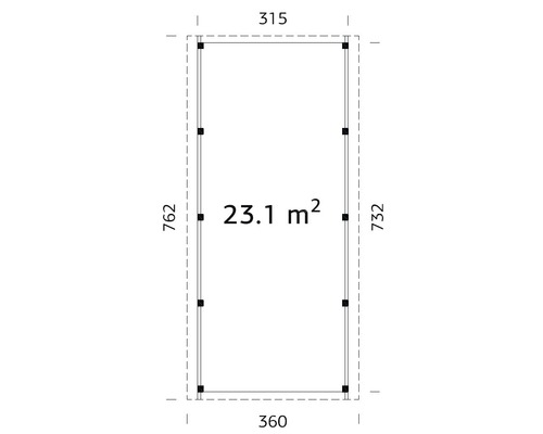 Grundrisszeichnung mit den Maßen 315, 360, 732 und 762 sowie einer Fläche von 23,1 Quadratmetern
