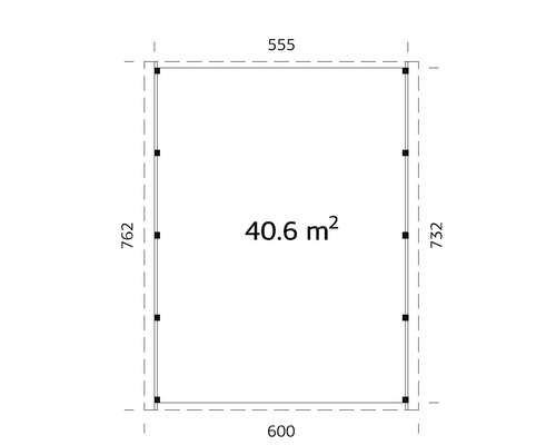 Grundriss mit den Maßen 555, 600, 732 und 762 sowie 40.6 Quadratmeter Fläche