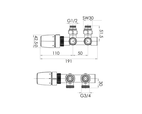 Technische Zeichnung eines Heizkörperanschlussblocks mit Maßen