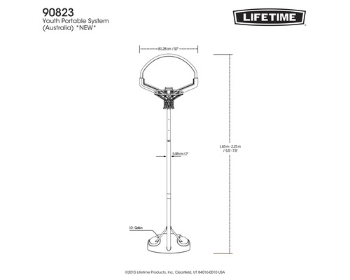 Technische Zeichnung eines transportablen Basketballkorbsystems für Jugendliche mit Maßangaben und Lifetime Logo.