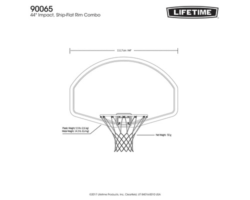 Technische Zeichnung eines Basketballkorbs mit den Maßen 111,7 Zentimeter beziehungsweise 44 Zoll