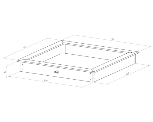 Technische Zeichnung eines Sandkastens mit den Maßen 127 mal 120 mal 17 Zentimeter.
