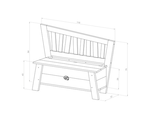 Technische Zeichnung einer Gartenbank mit Stauraum und Maßangaben.