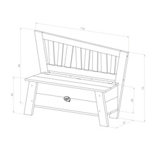Technische Zeichnung einer Gartenbank mit Stauraum und Maßangaben.