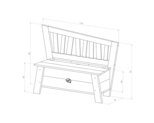 Technische Zeichnung einer Gartenbank mit Stauraum und Maßangaben.
