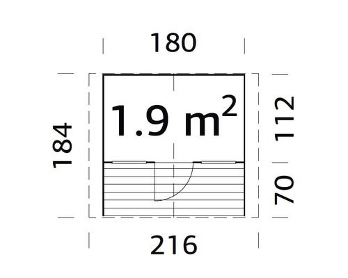 Grundrisszeichnung mit Maßangaben eines Gartenhauses, Fläche 1,9 Quadratmeter