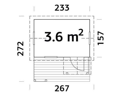 Grundriss des Gartenhauses mit den Maßen 233 mal 272 Zentimeter.