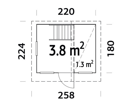 Grundrisszeichnung eines Gartenhauses mit den Maßen 220 x 224 x 258 x 180 cm und einer Fläche von 3,8 Quadratmetern