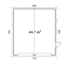Grundrisszeichnung mit Abmessungen eines Gartenhauses, Fläche 44,7 Quadratmeter.
