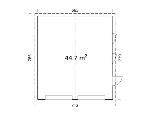 Grundrisszeichnung mit Abmessungen eines Gartenhauses, Fläche 44,7 Quadratmeter.