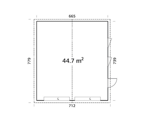 Grundrisszeichnung mit Maßangaben für ein Gebäude mit 44,7 Quadratmetern Fläche