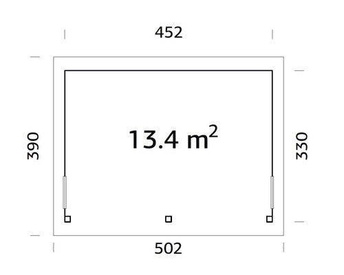 Grundriss mit Maßangaben für ein Gebäude mit 13,4 Quadratmetern Fläche