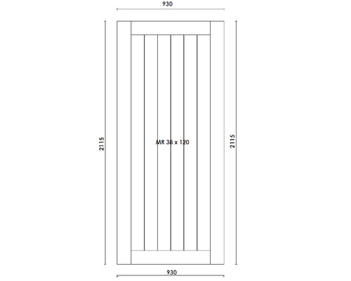 Technische Zeichnung einer Holztür mit den Maßen 2115 x 930 mm und MR 38 x 120 mm