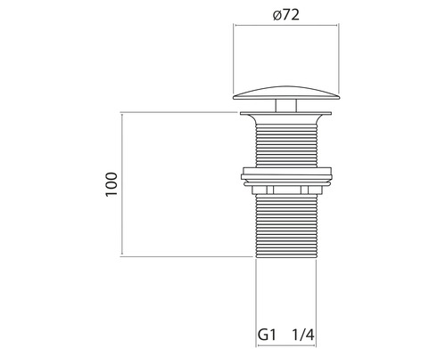 Technische Zeichnung eines Waschbeckenstöpsels mit den Maßen 72 mm Durchmesser und 100 mm Höhe