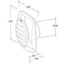 Technische Zeichnung eines Wandlüfters mit Abmessungen