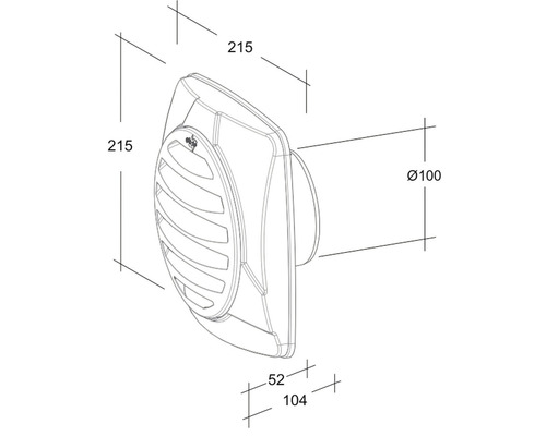 Technische Zeichnung eines Wandlüfters mit Abmessungen