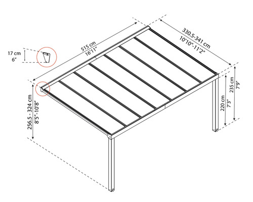 Technische Zeichnung einer Pergola mit Maßangaben