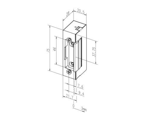 Technische Zeichnung eines Türöffners mit Maßen.