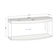Illustration eines circa 450 Liter Aquariums mit Maßangaben