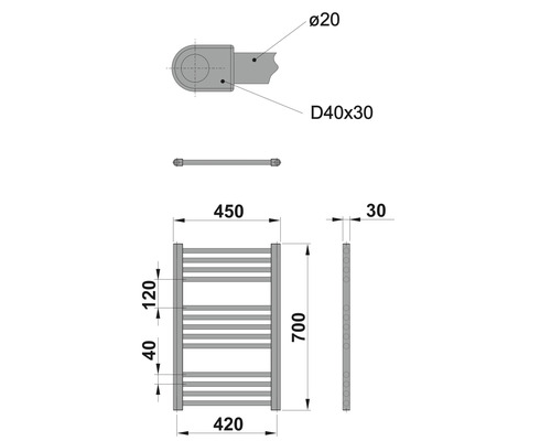 Maßzeichnung eines Handtuchwärmers mit Angabe der Abmessungen