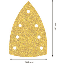 Dreieckiges Schleifpapier mit sechs Löchern und den Abmessungen 150 mal 100 Millimeter.