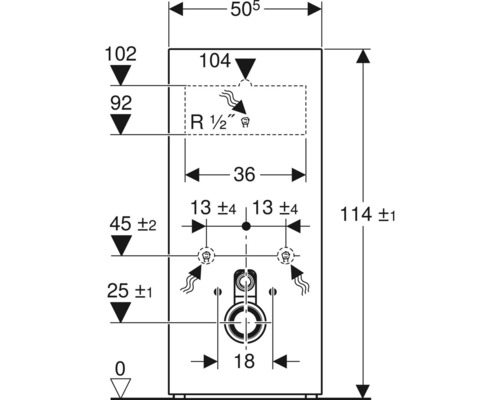 Technische Zeichnung eines Sanitärartikels mit Maßangaben in Millimetern