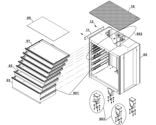 Explosionszeichnung eines Werkzeugwagens mit Schubladen, Ablage und Rollen