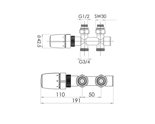 Technische Zeichnung eines Heizkörperanschlussblocks mit Maßangaben