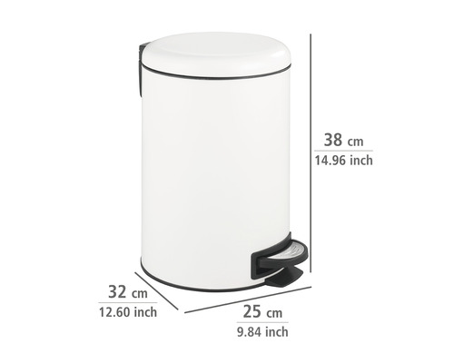 Weißer Treteimer mit den Maßen 38 cm Höhe, 32 cm Breite und 25 cm Tiefe.