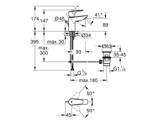 Technische Zeichnung eines Wasserhahns mit Maßangaben