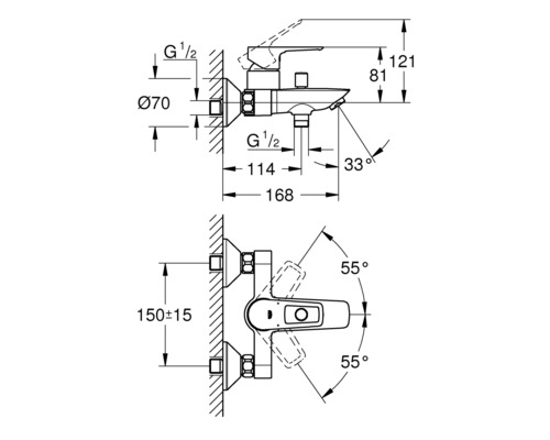 Technische Zeichnung einer Duscharmatur mit Maßangaben