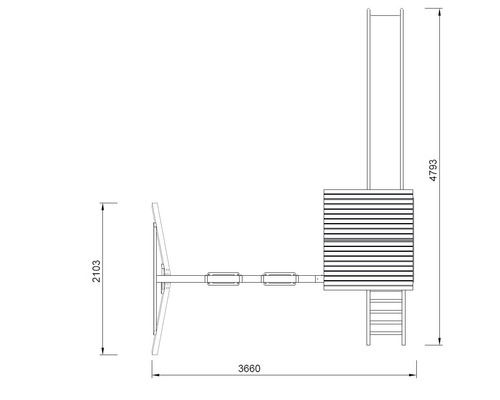 Draufsicht einer Spielanlage mit Rutsche, Kletterwand und Leiter mit Maßangaben.