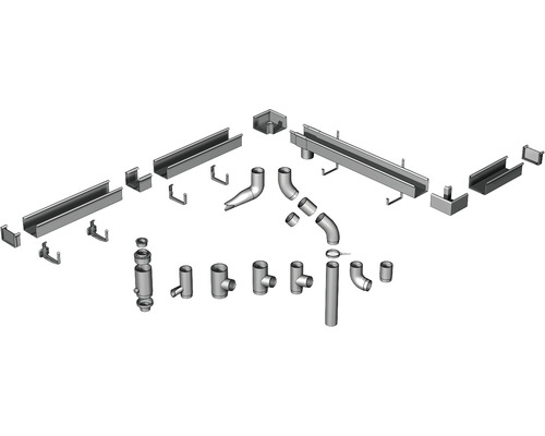 Zusammenstellung von Dachrinnen- und Ablaufrohrsystemkomponenten aus Metall.