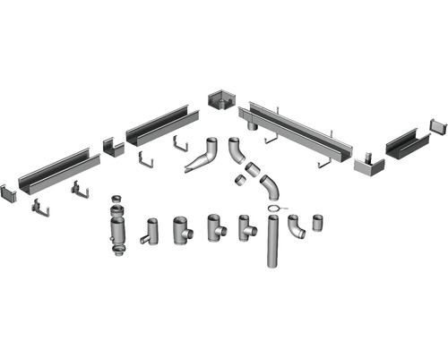 Entwässerungsrinnensystem mit Rinnen, Rohren und Verbindungselementen