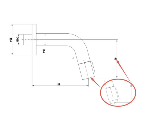 Technische Zeichnung eines Wasserhahns mit Maßangaben