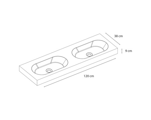 Zeichnung eines Waschtischs mit den Maßen 120, 38 und 9 Zentimeter.