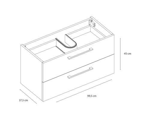 Umrisszeichnung eines Waschtischunterschranks mit zwei Schubladen und den Maßen 99,5 cm Breite, 45 cm Höhe und 37,5 cm Tiefe.