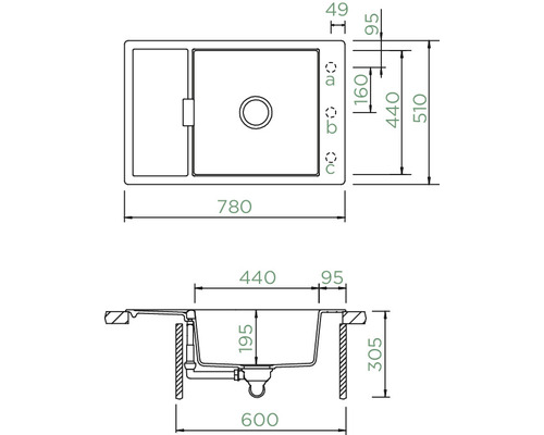Technische Zeichnung einer Spüle mit Abmessungen