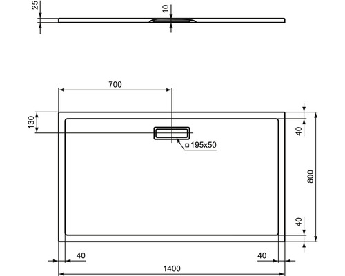 Technische Zeichnung einer Duschwanne mit Maßangaben
