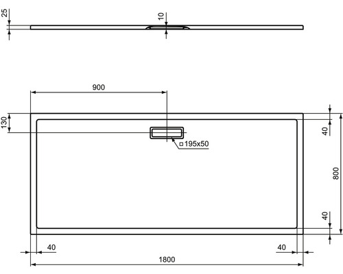 Technische Zeichnung einer Duschwanne mit Maßangaben