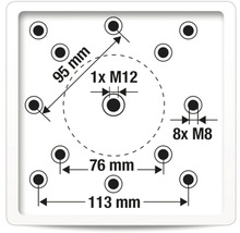 Technische Zeichnung mit Abmessungen für ein Produkt: 1x M12, 8x M8, 95 mm, 76 mm und 113 mm