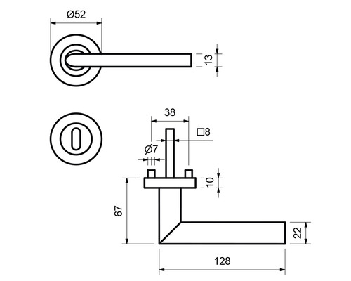 Technische Zeichnung eines Türdrückers mit Maßen