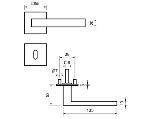 Technische Zeichnung eines Türdrückers mit Maßangaben