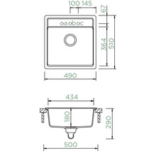Technische Zeichnung einer Spüle mit Maßangaben