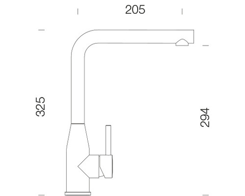 Technische Zeichnung einer Küchenarmatur mit Maßen.