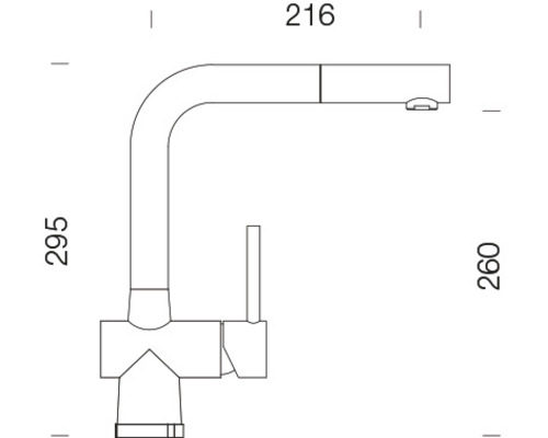 Technische Zeichnung einer Küchenarmatur mit den Maßen 216, 295 und 260