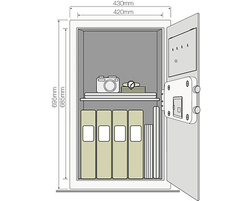 Abbildung eines Tresors mit offenen Tür und Größenangaben.